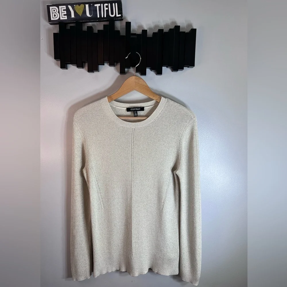 ELLEN Tracy Crew Neck Gold Sparkle Sweater Size Large - Picture 1 of 9